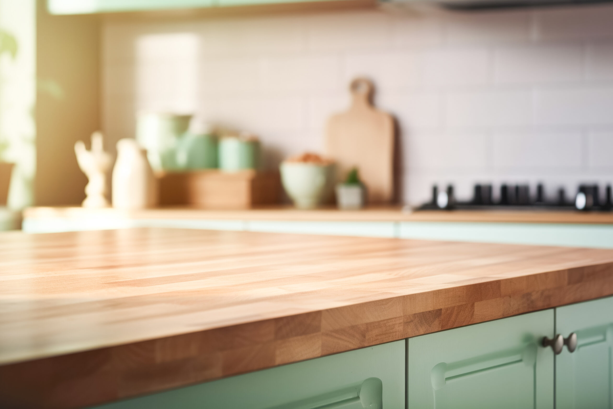 Wooden empty countertop in a modern light green kitchen, kitchen panel in the interior. Template showcase scene for advertising products, banner. AI generated, illustration Wooden empty countertop in a modern light green kitchen, kitchen panel in the interior. Template showcase scene for advertising products, banner. AI generated, illustration
