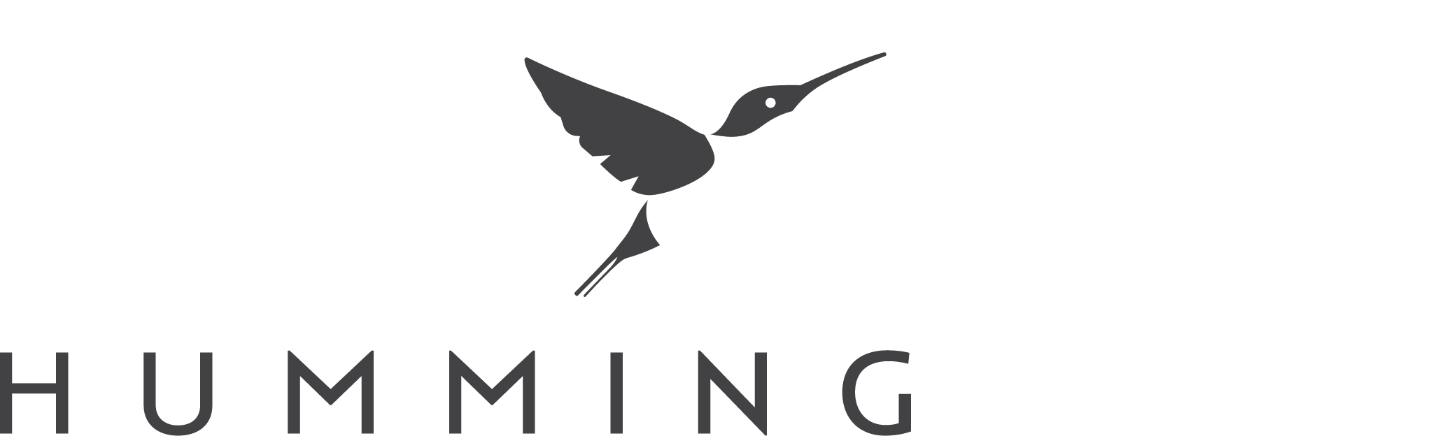 Minimalist logo featuring a hummingbird in flight with the company name "Hummingbird Bathrooms and Kitchens" below; "HUMMING" in bold dark lettering and "BIRD" in lighter text blending into the white background, representing kitchen, bathroom, construction, and design services.